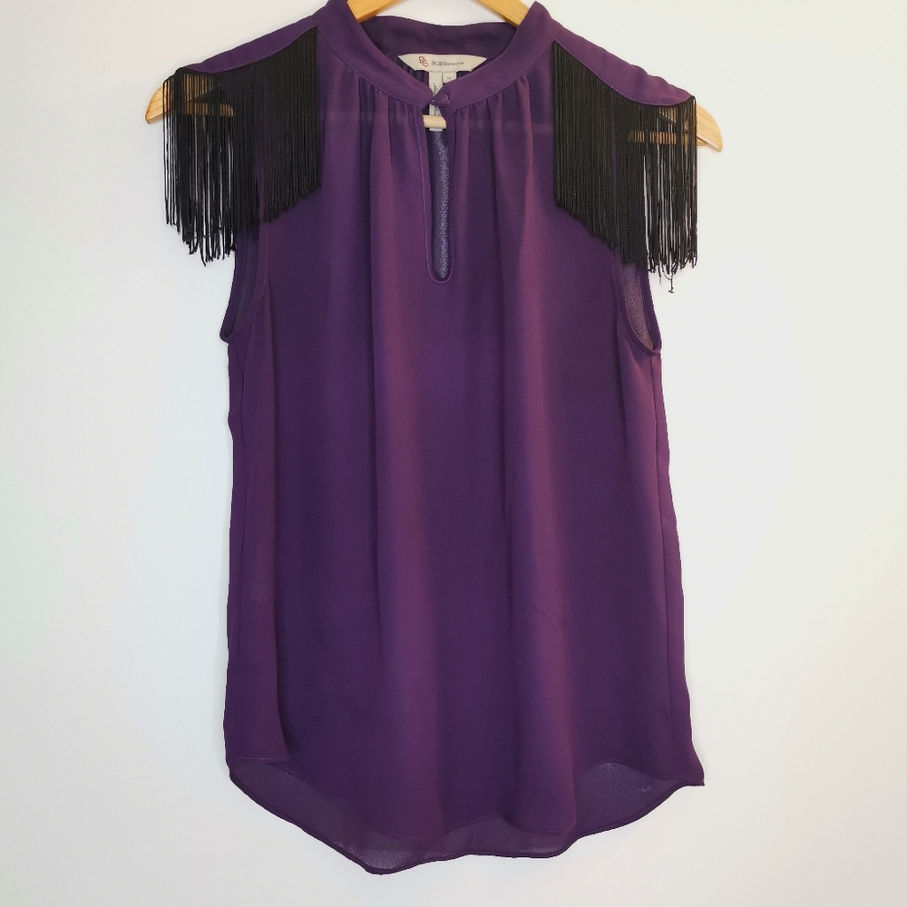 BCBGeneration Purple Tassel Fringe Top XS